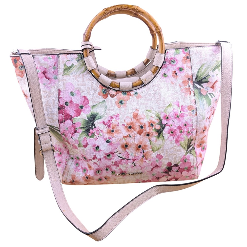 Dana Buchman Floral Tote Bag Bamboo Handles Pink Orange Crossbody Satchel